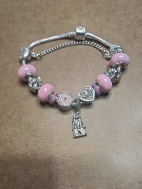 1pc Pink Disney Bracelet For Women 8.3in Crystal Cartoon Bead Bracelet Silver